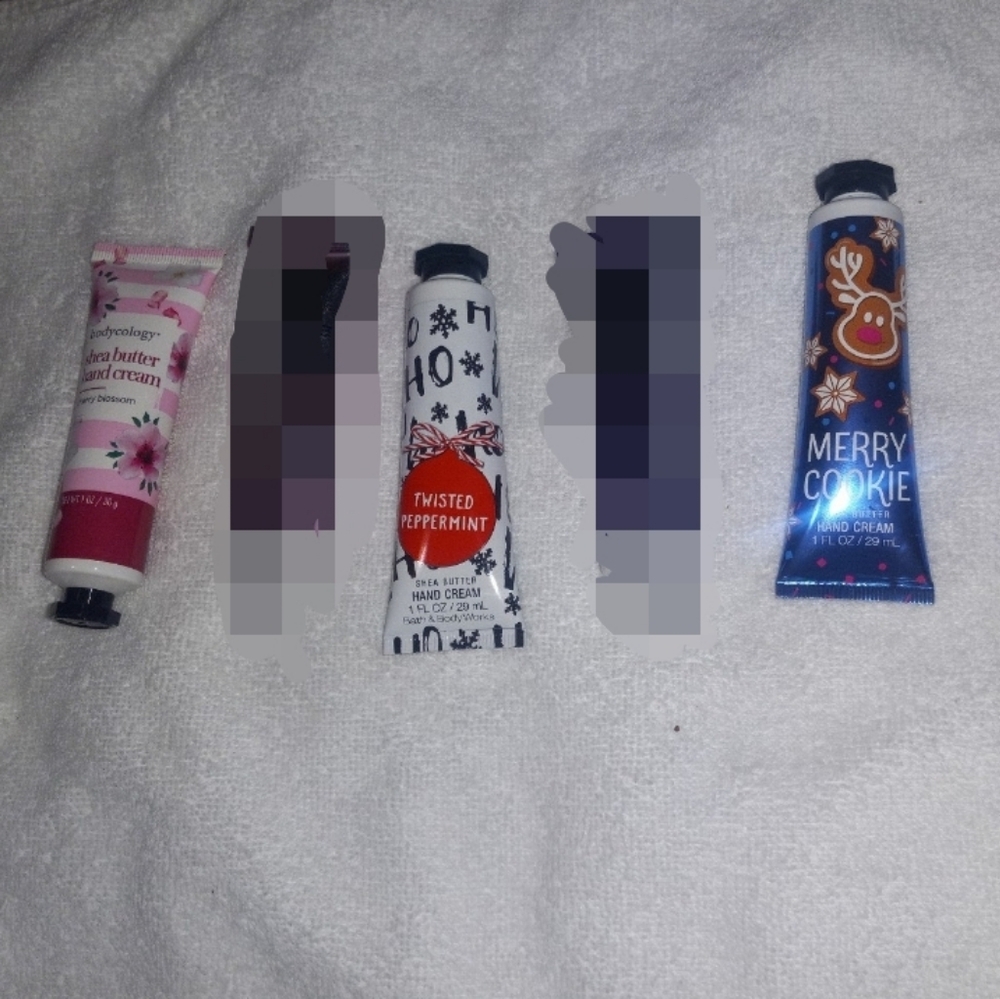 Set of 3 assorted hand creams. Bodycology & BATH AND BODY WORKS.